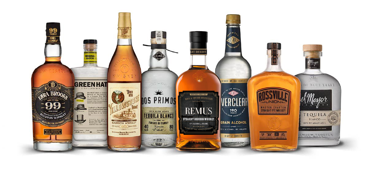 A selection of bottles of alcohol from brands that use MGP ingredients