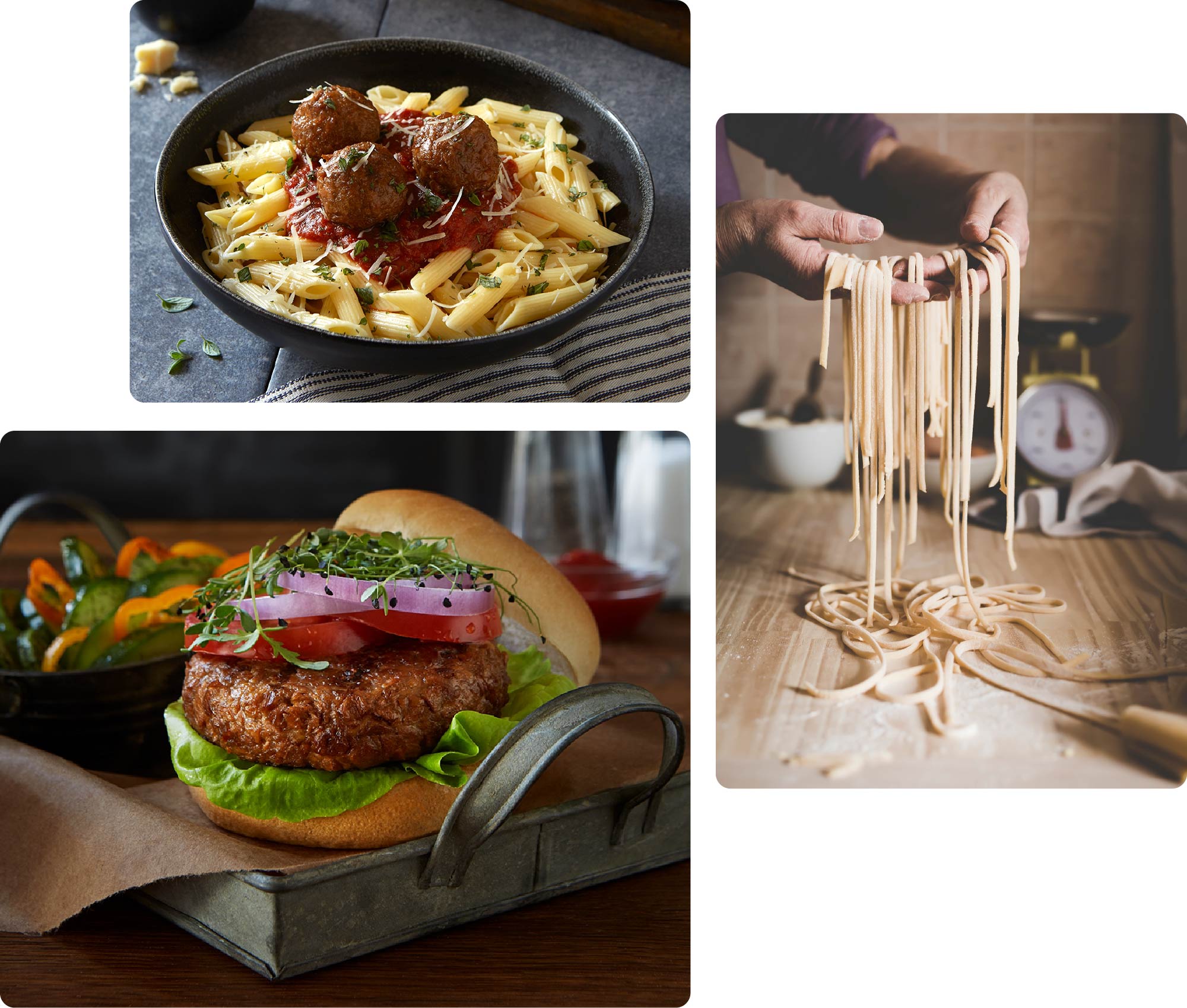 3 photos of food: meatballs and penne noodles, a burger, and dried fettuccine